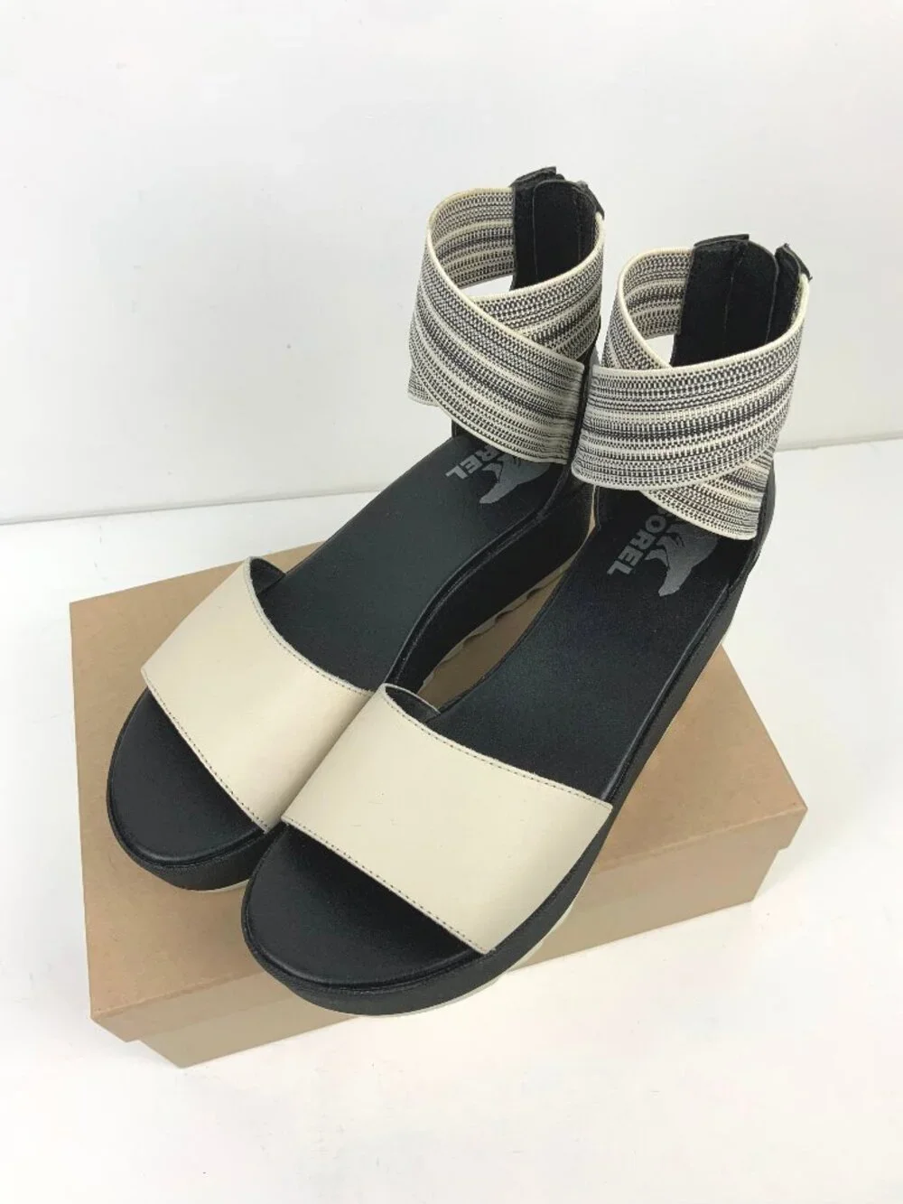 SOREL Dayspring Ankle Strap Platform Sandals Cream/Black Sz 8.5 - Picture 3 of 16
